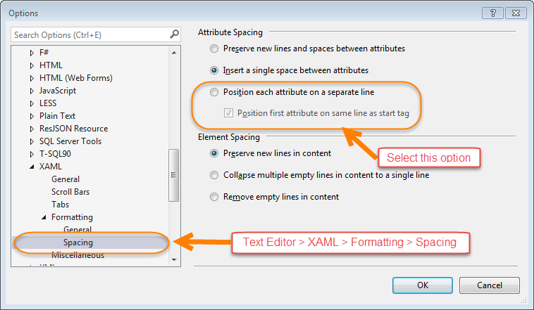 XAML formatting using Visual Studio 2013