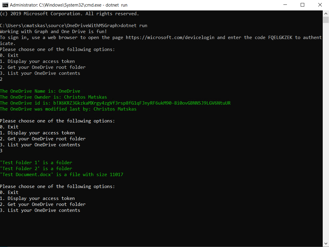 Working with OneDrive data and MS Graph in .NET Core