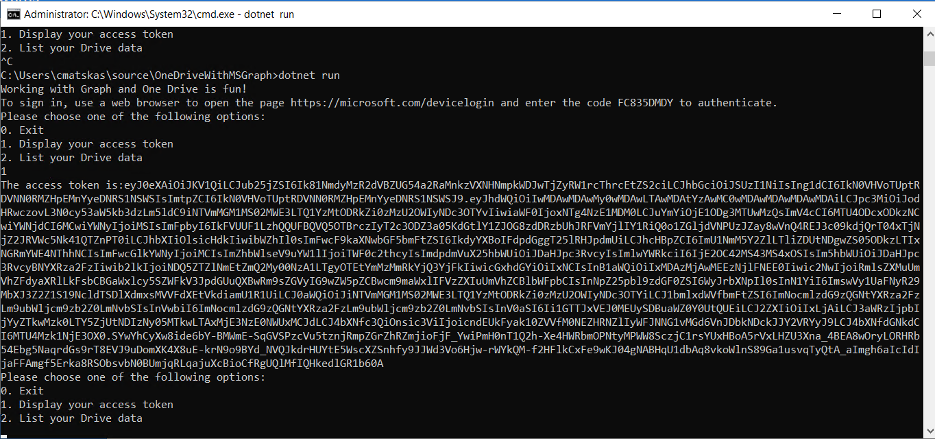 Working with OneDrive data and MS Graph in .NET Core